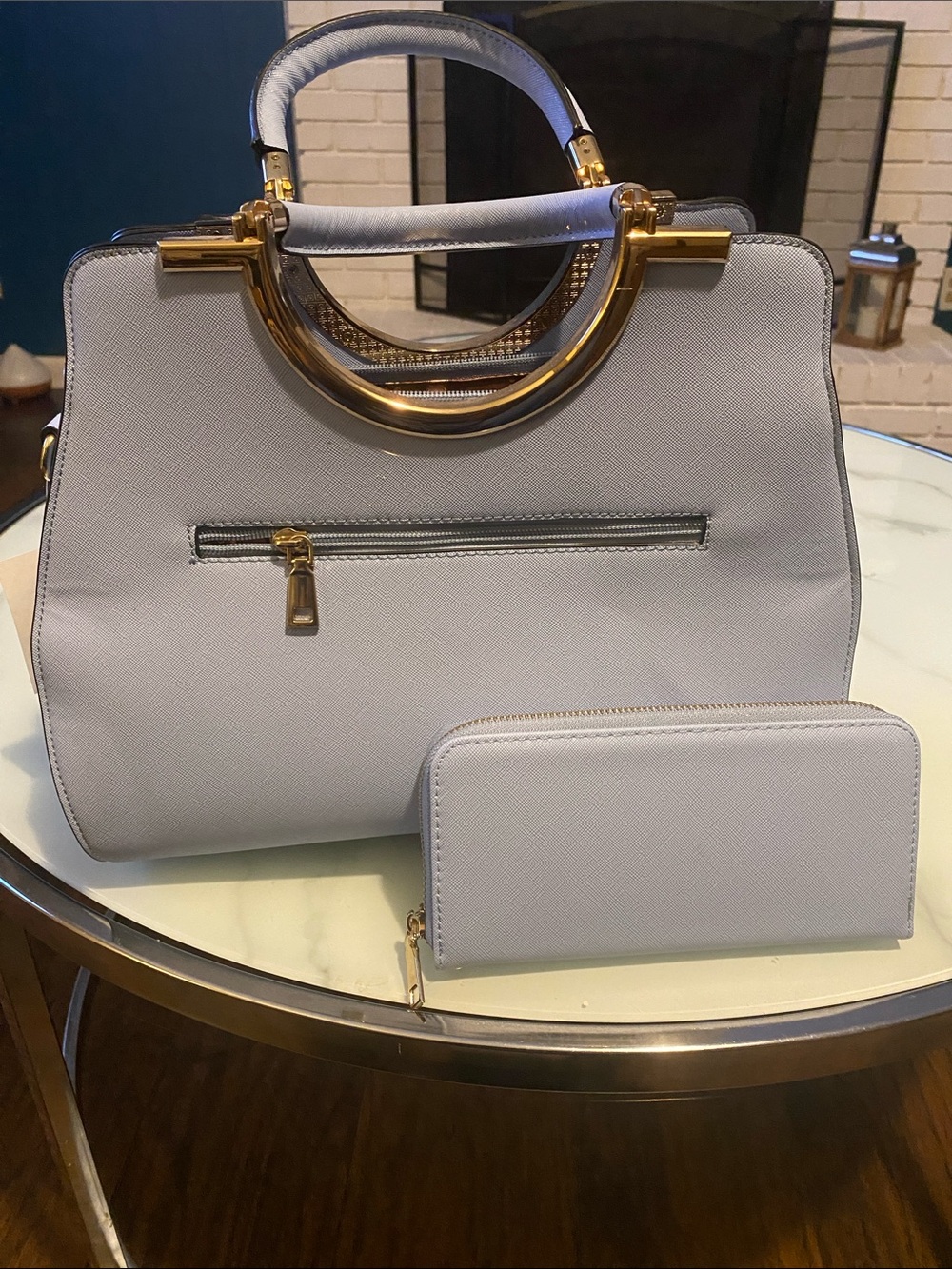 T.J.Maxx Pale Blue Structured Satchel with Gold Handles and Matching Wallet